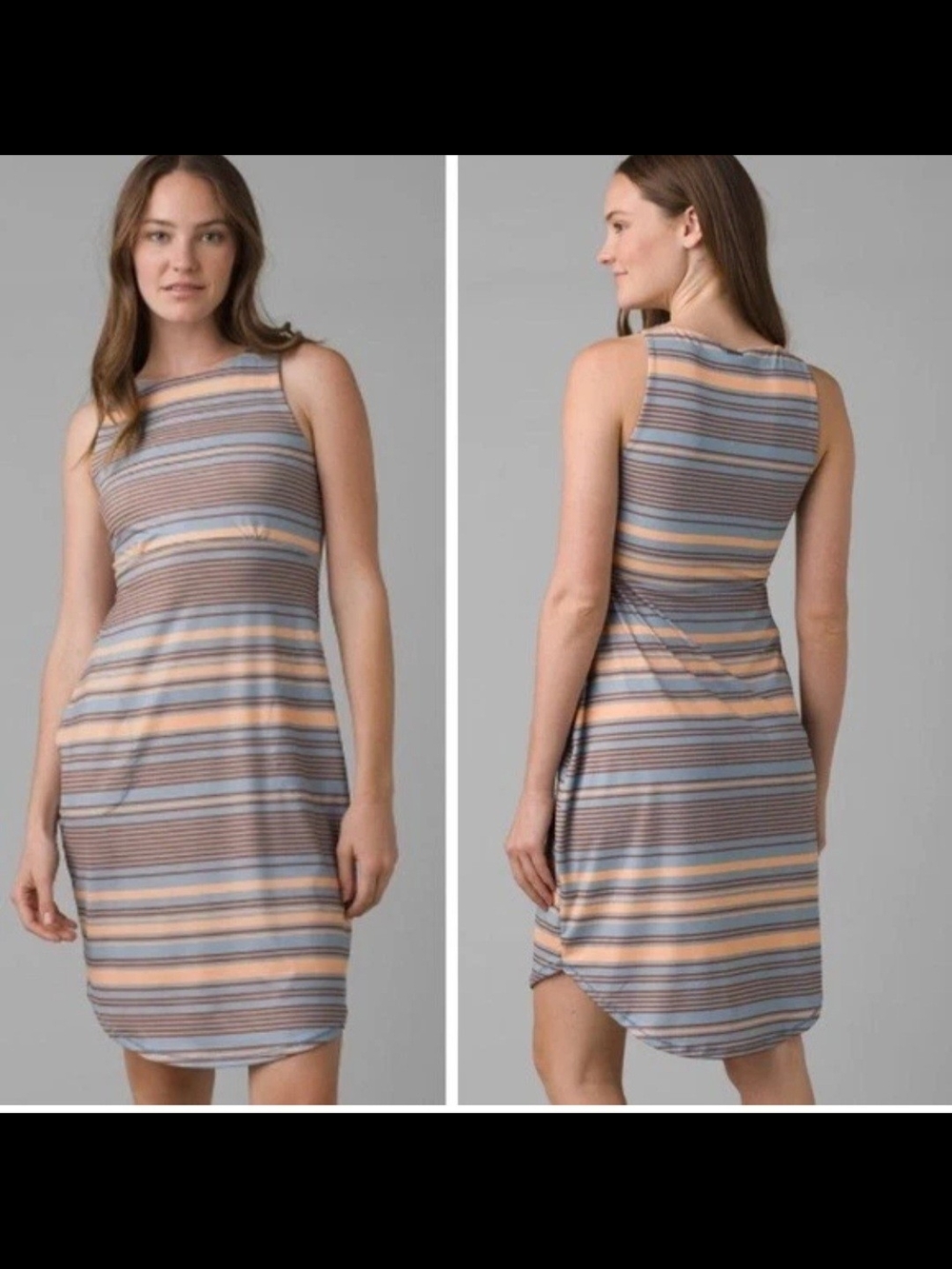 Prana Sleeveless Striped Midi Dress in Blue and Tan